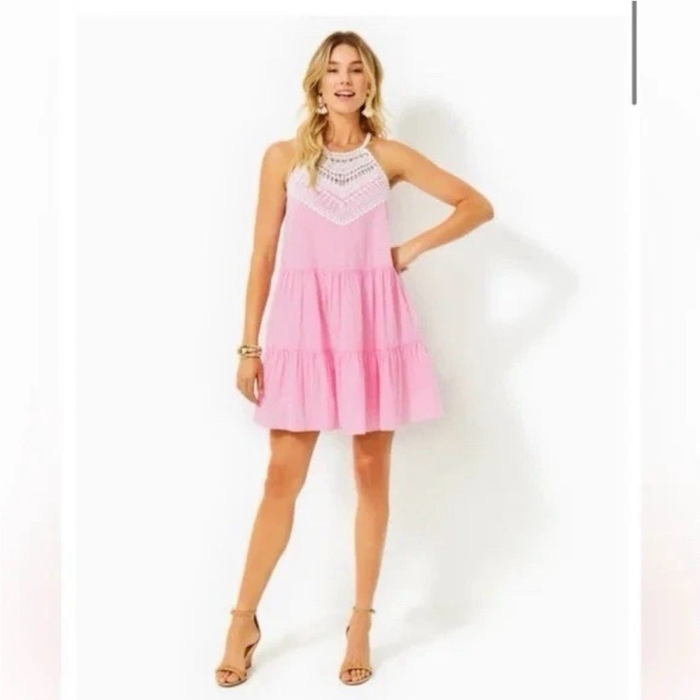 Lilly Pulitzer Britt Havana Pink Seersucker Stripe Halter Swing Dress NWT